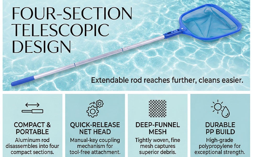 4 Section Pool Skimmer Net Portable For Small Pool Cleaning V1