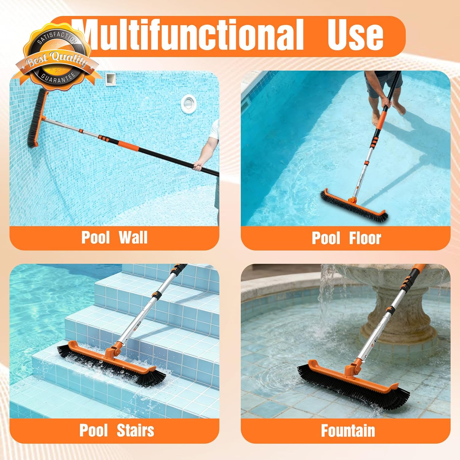 16FT Telescopic Pool Pole Brush 18 Inch Scrubber Wall Tile Floor Clean