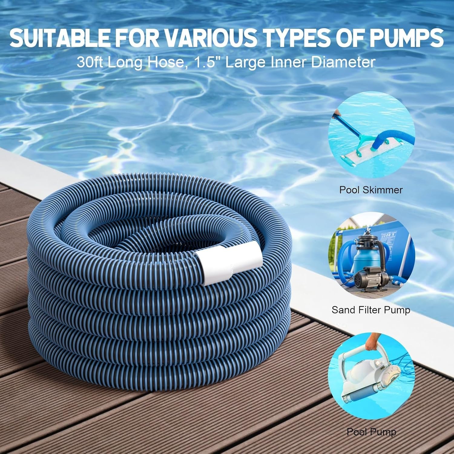 Heavy Duty Pool Vacuum Hose 30 Ft with Swivel Cuff – Effortless Cleaning