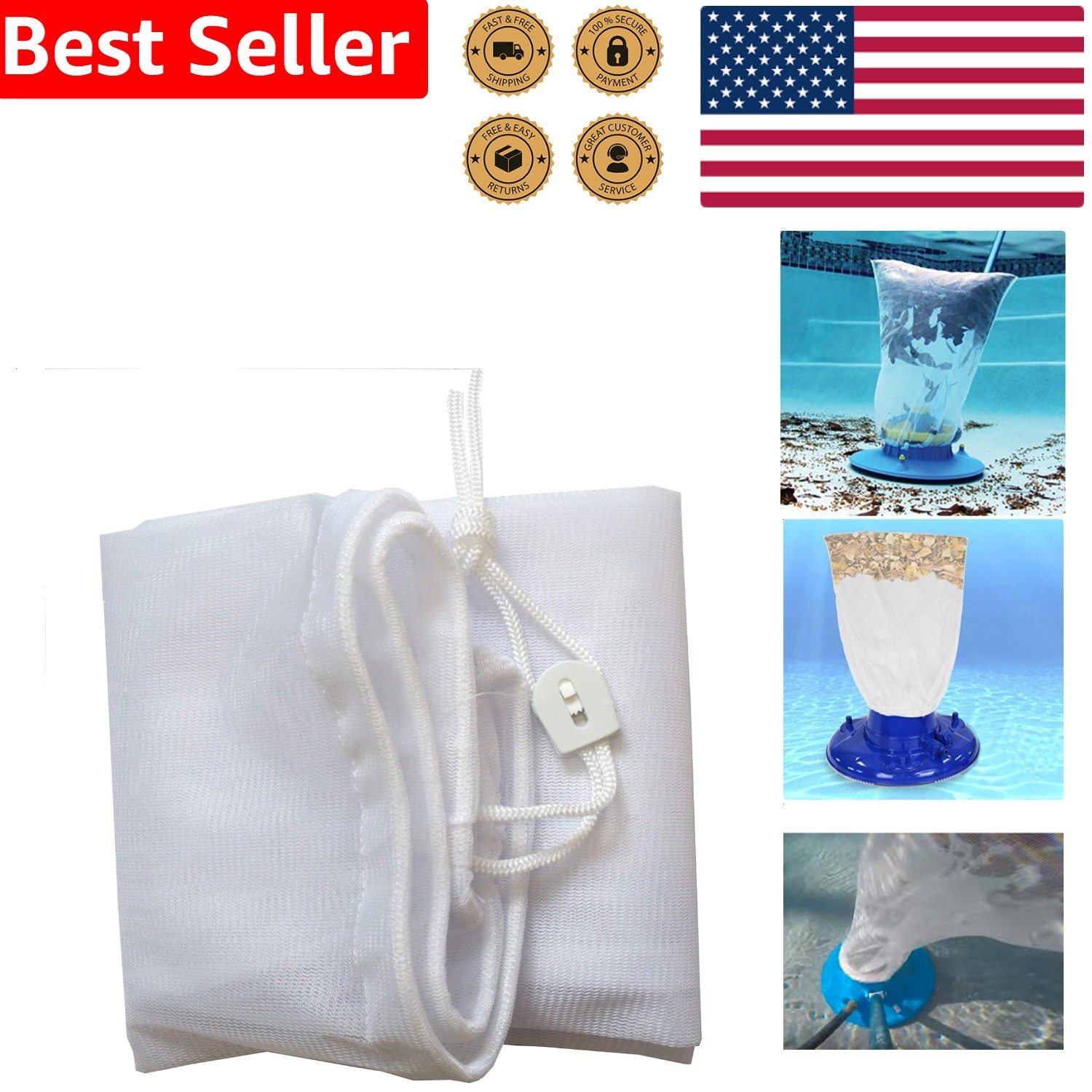 Pool Leaf Bag 16×24 Inch Fine Mesh Replacement Vacuum Catcher Cord White