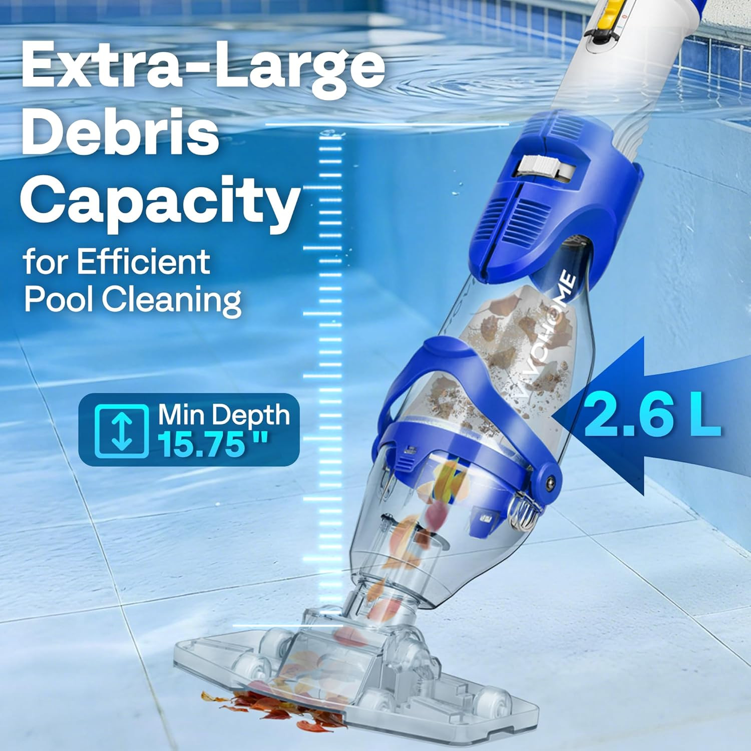 1140GPH Handheld Pool Vacuum Cordless Cleaner Powerful 40W Motor Suction Long-Ru