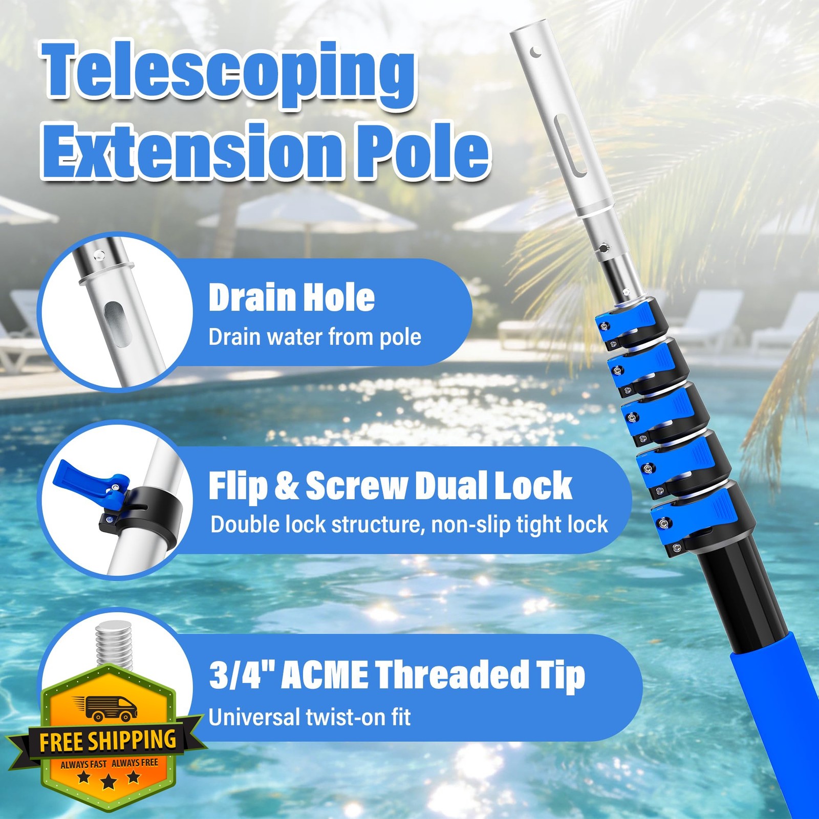 TONYINGO 5-20 FT Telescopic Pool Pole, Aluminum Alloy Extension Pole with Fli…
