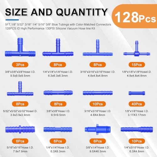 134PCS Vacuum Hose Automotive Kit 5FT, 1/8&Prime; 5/32&Prime; 134pcs – Blue