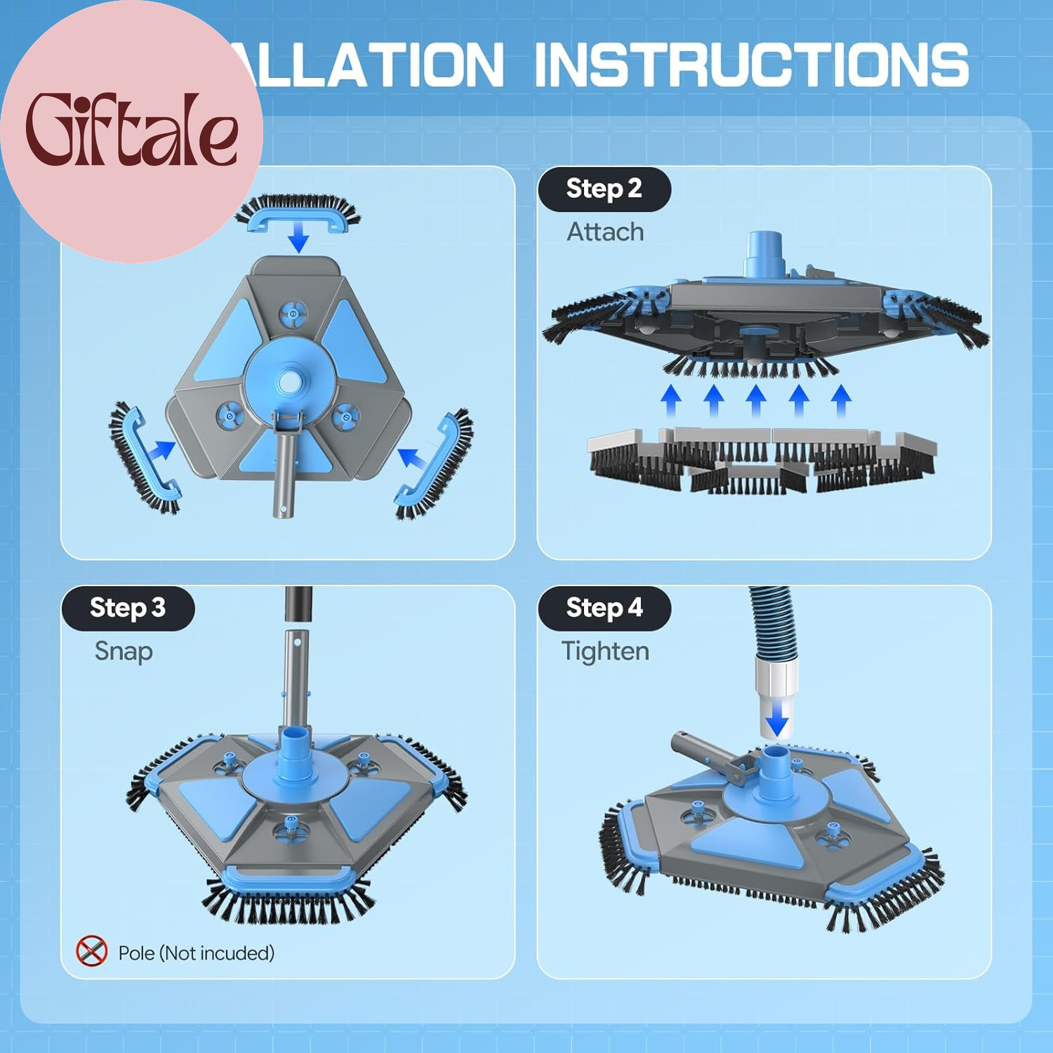 Upgrade Pool Vacuum Head with Side Brush & 360° Swivel Cuff, Heavy Duty Manual K