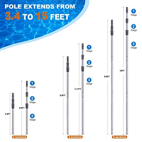 Pool Pole – Professional 15 Foot Telescoping Swimming Pool Cleaning 15 Feet