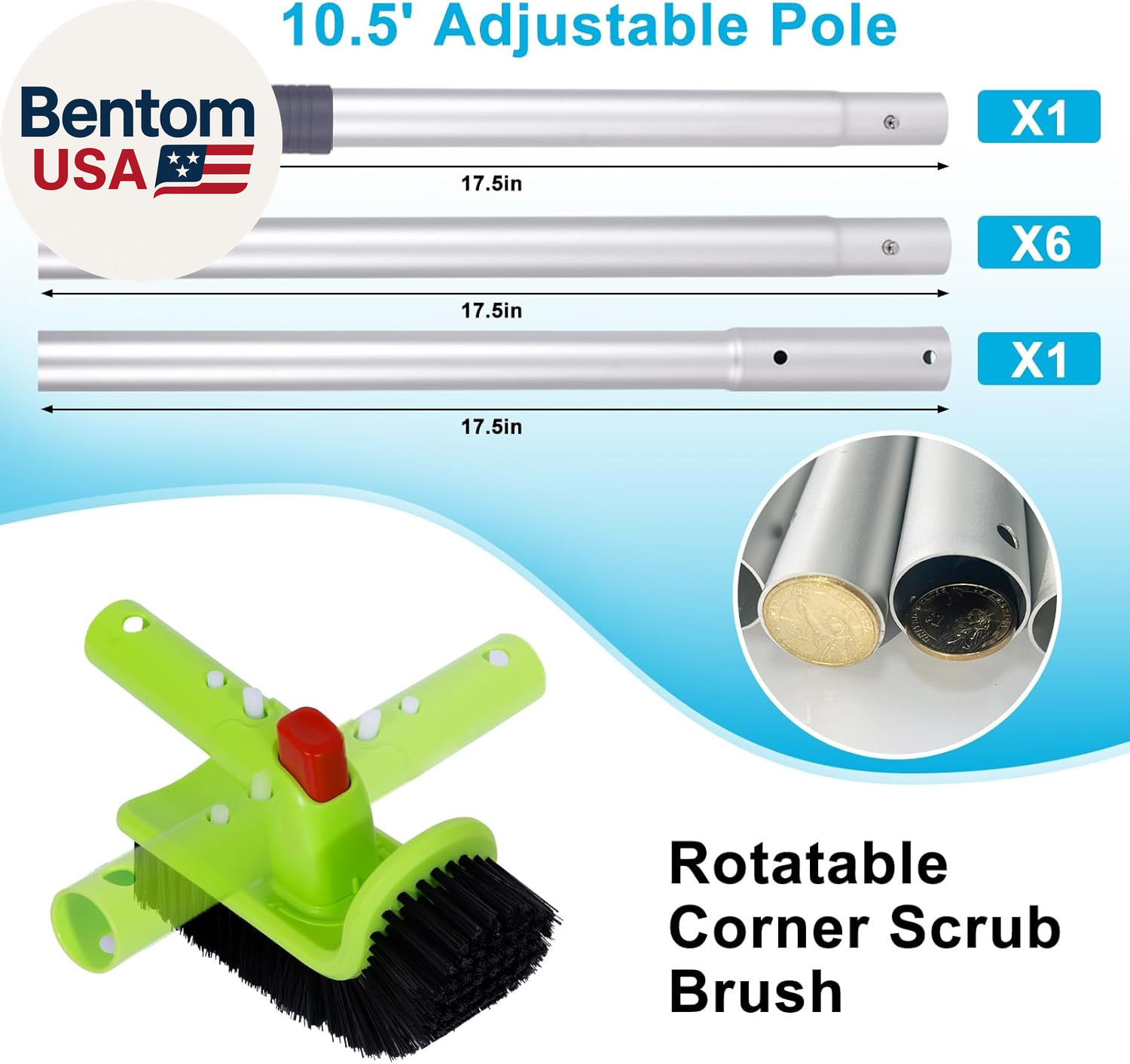 Pool Cleaning Kit: Net, Brush, Scrubber & Adjustable Pole By