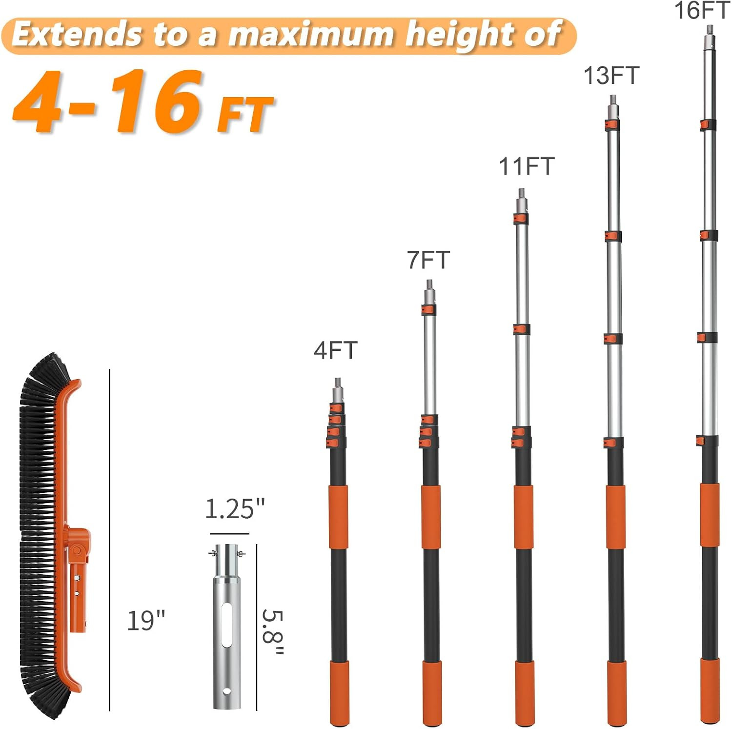 16FT Telescoping Pool Pole with 19&Prime; Brush – Heavy Duty Aluminum, Universal Fit