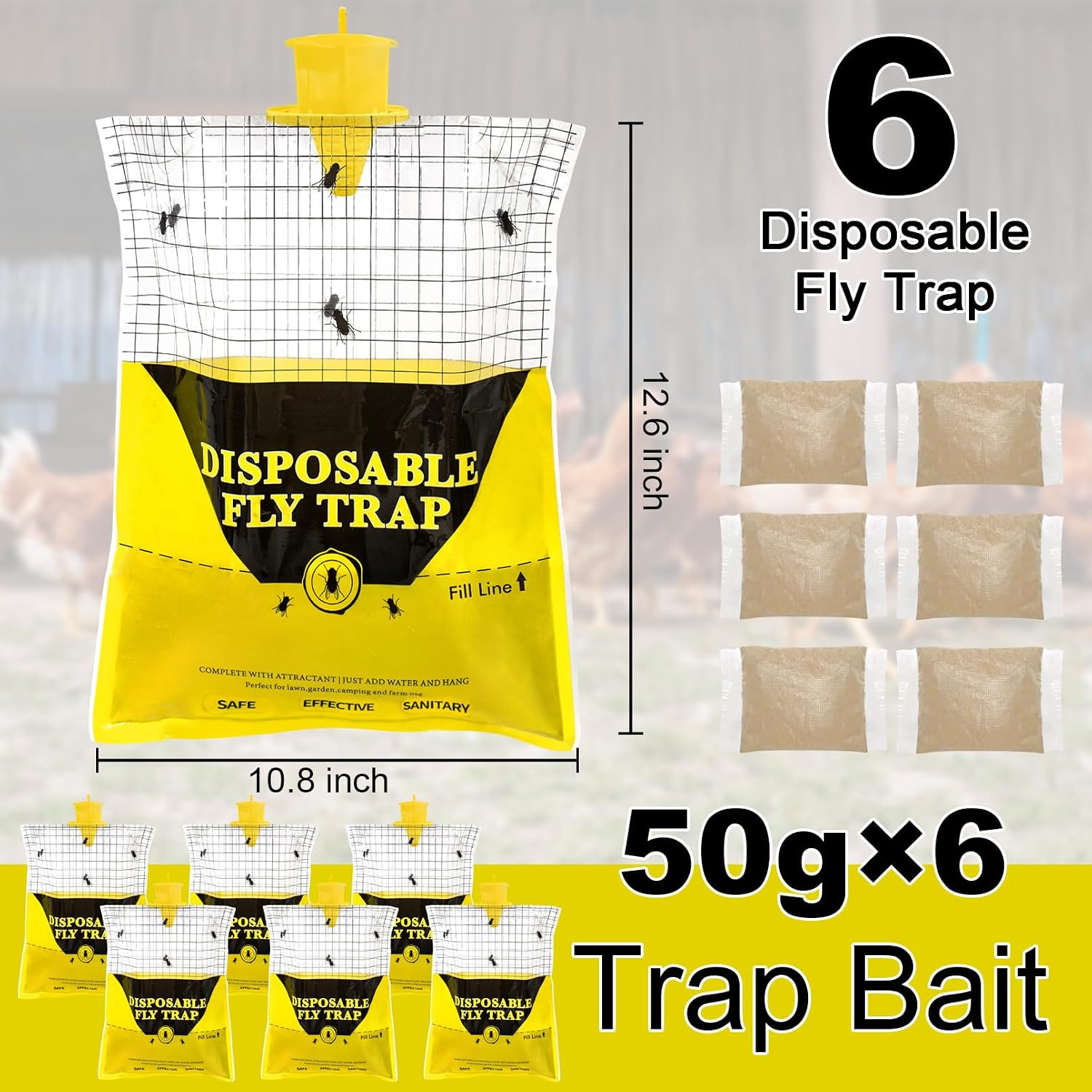 Outdoor Fly Traps for Patio, 6 Pack Pre-Baited Big Fly Bags Outdoor Disposable,