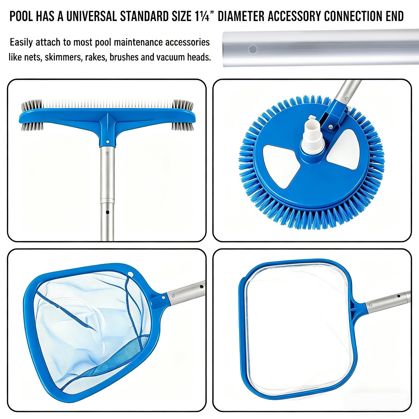 Telescopic 10ft Aluminum Pool Pole for Skimmer, Brush, Vacuum Head Cleaning