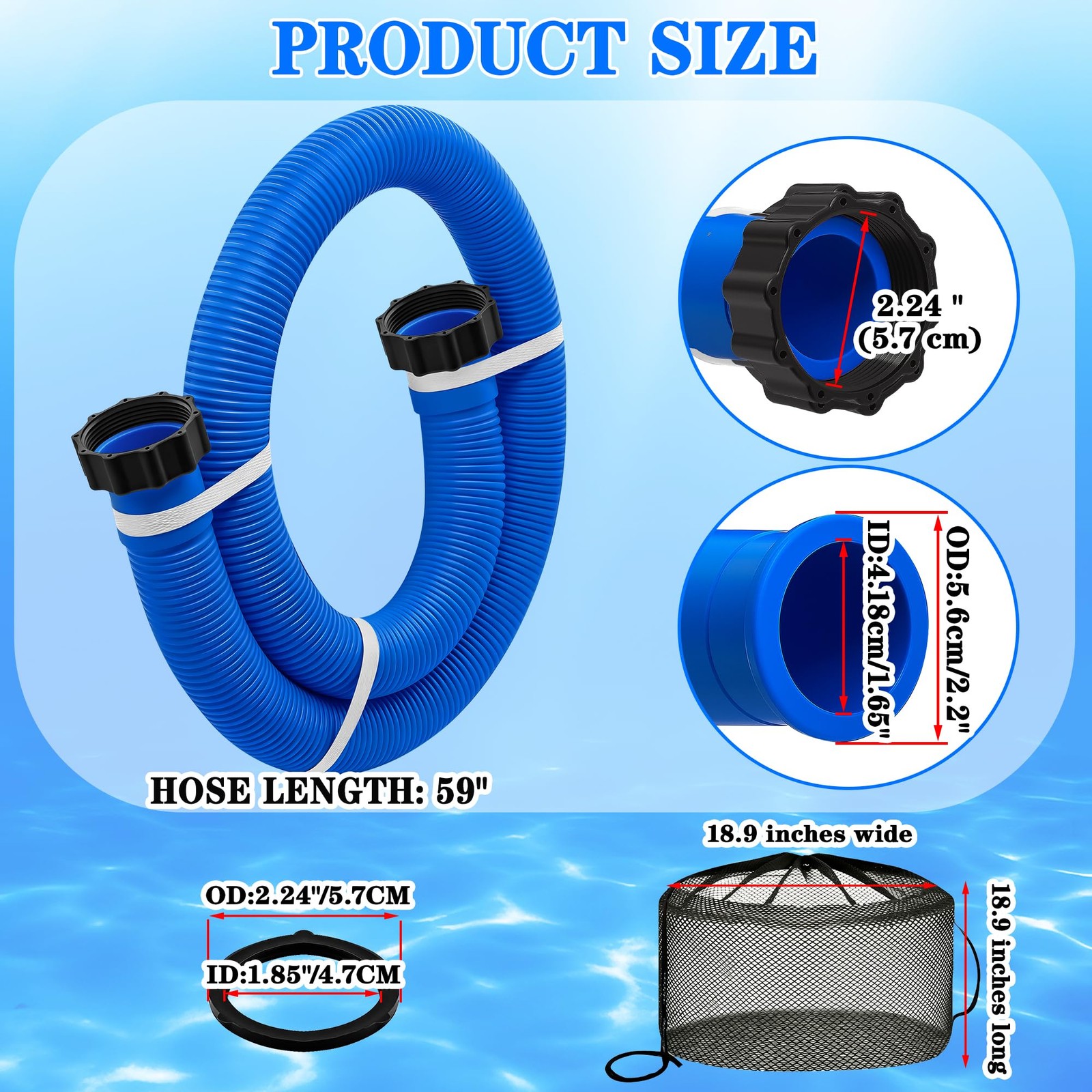 2 Pack 1.5&Prime; X 59&Prime; Long Pool Hoses for Above Ground Pools x 59&Prime;, Blue