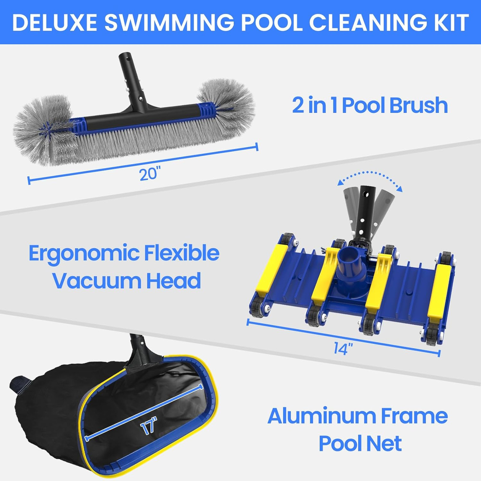 Pool Cleaning Kit, Skimmer Net, 2-in-1 Pool Brush, Weighted Vacuum Head, Above