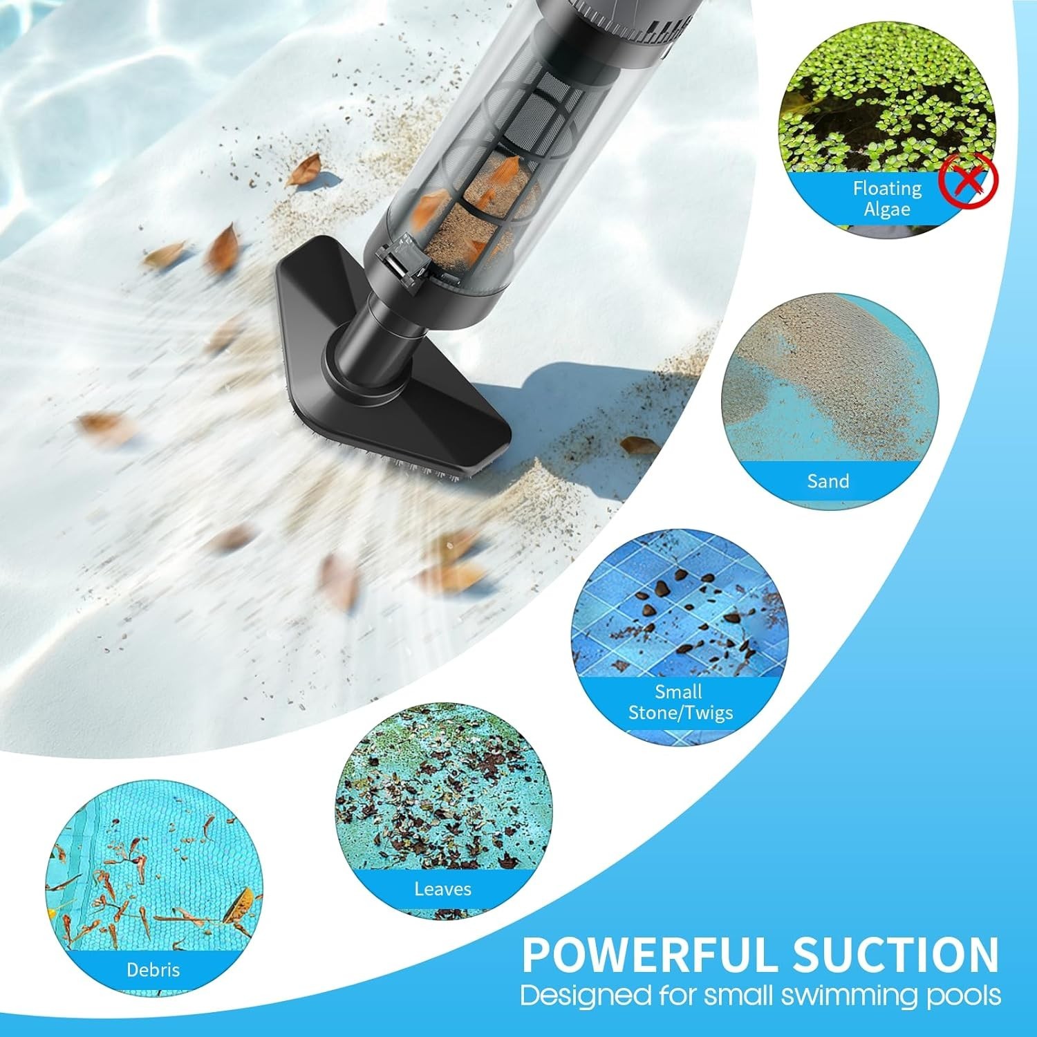 Cordless Handheld Pool Vacuum with 3 Brush Heads LED Light Rechargeable Up to…