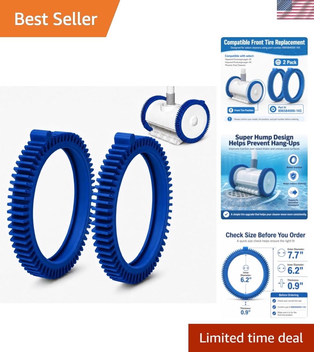 Heavy-Duty 2-Pack Pool Cleaner Tire Kit – Super Hump Design for Better Traction