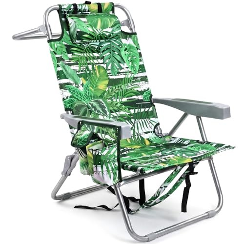 Palm Leaves Beach Chair Heavy Duty 330 lbs, 5-Position Lay Flat Folding