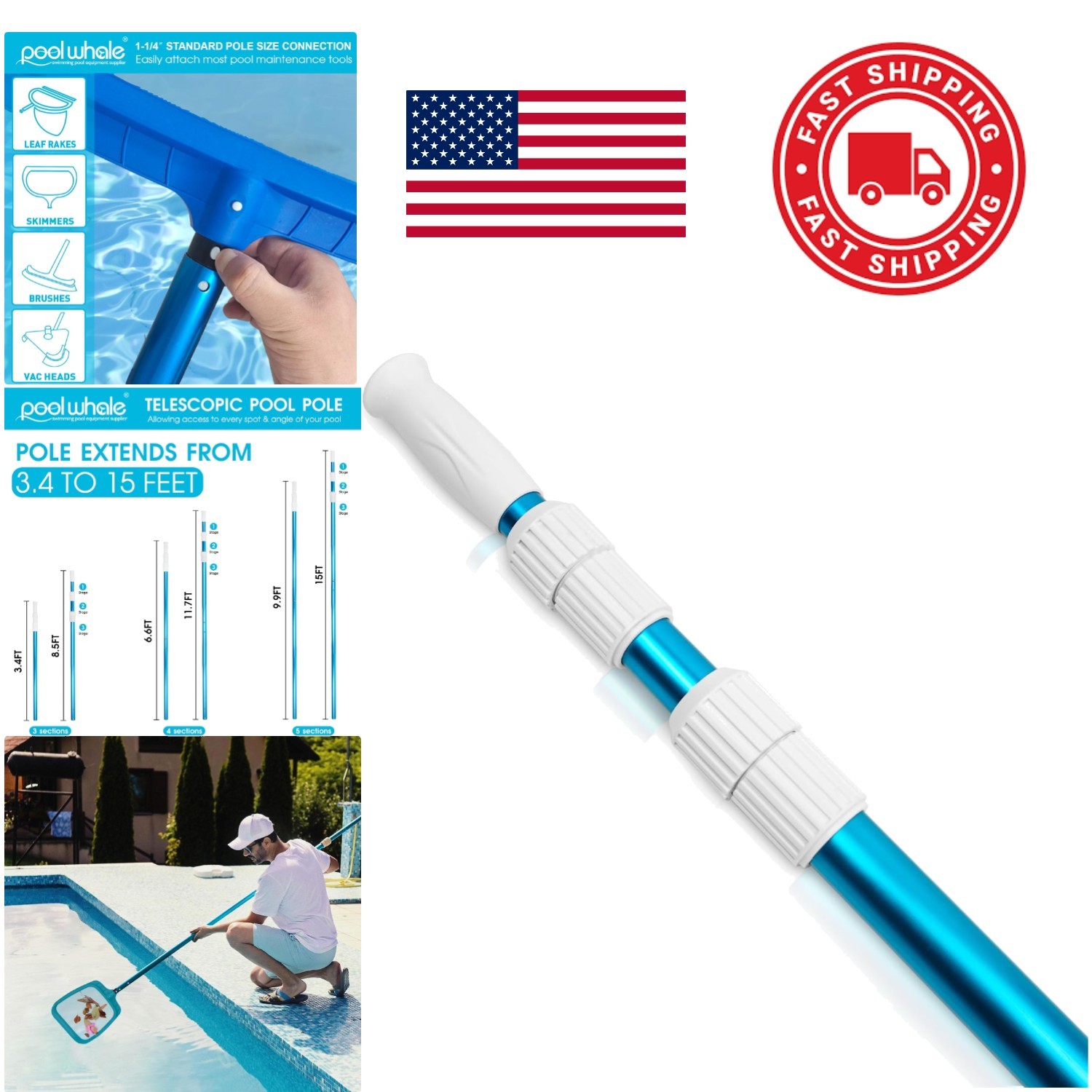 15 Foot Adjustable Pool Pole Lightweight Anodized Aluminum for Easy Cleaning