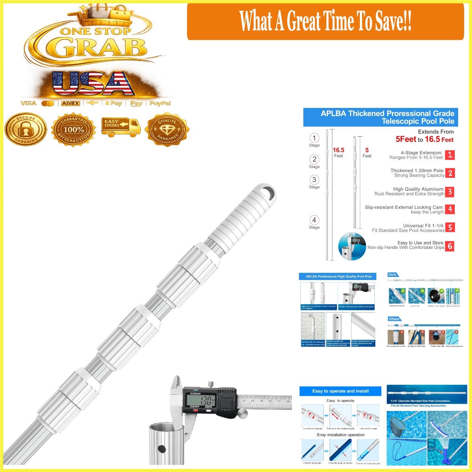 Heavy Duty Aluminum Telescopic Pool Pole 16.5 Feet Universal Fit