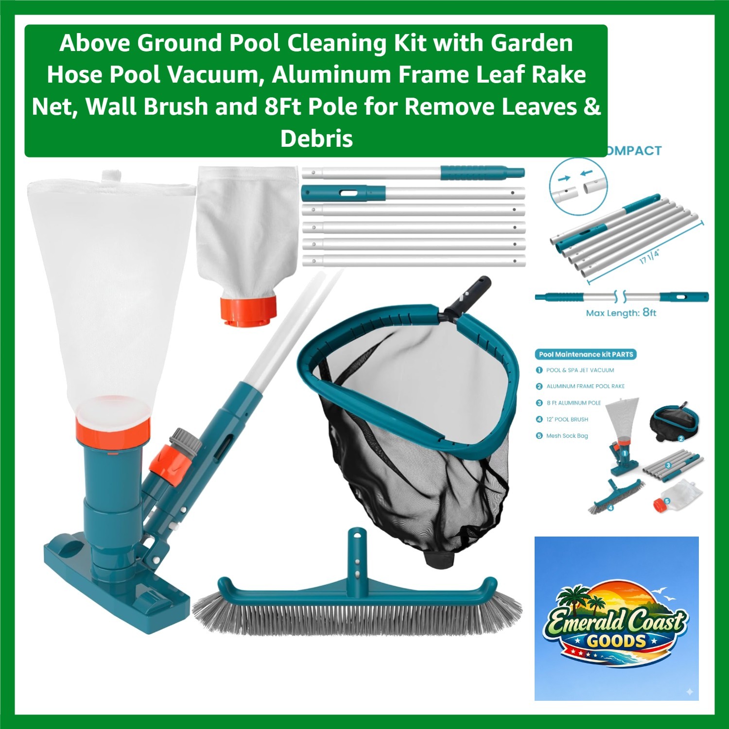 8FT Adjustable Pool Cleaning Kit – Vacuum, Skimmer Rake, and Wall Brush Included