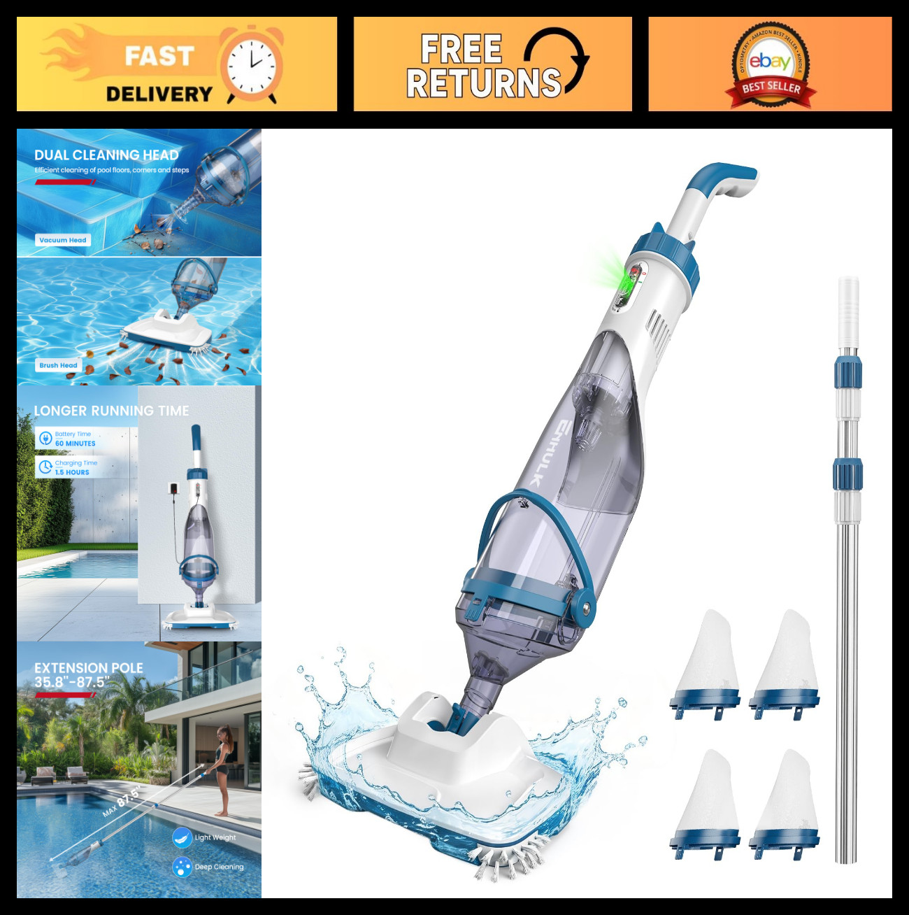 Cordless Pool Vacuum Cleaner – 13.4&Prime; Wide Head, 18.5 GPM Suction, 60 Min Runtime
