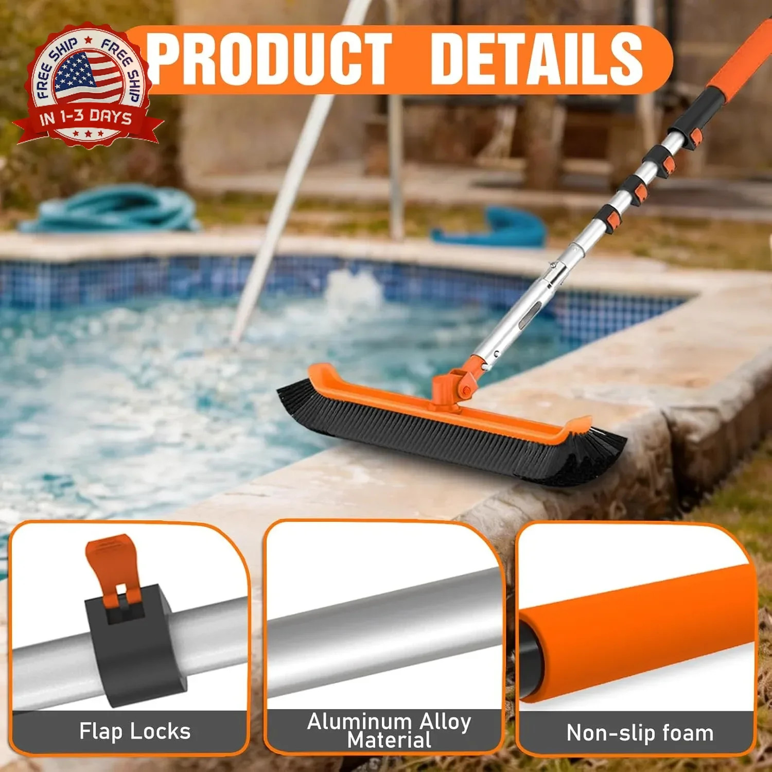LAANPOLE Pool Brush with Pole, 12FT Heavy Duty Telescopic Pool Pole with 18&Prime; Poo