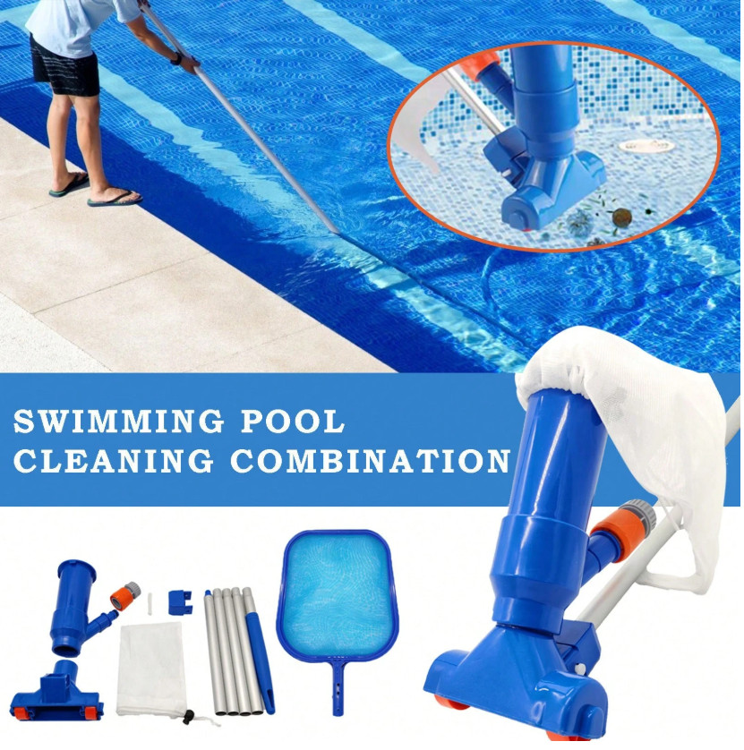 Portable Pool Vacuum Cleaner Jet Cleaning Kit Leaf Skimmer w 5 Poles