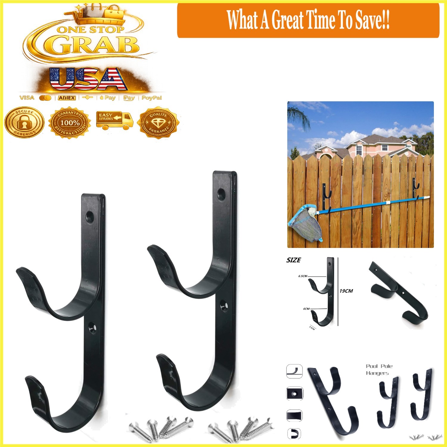2 Pack Pool Pole Hangers Heavy Duty Black Aluminum Hooks with Screws