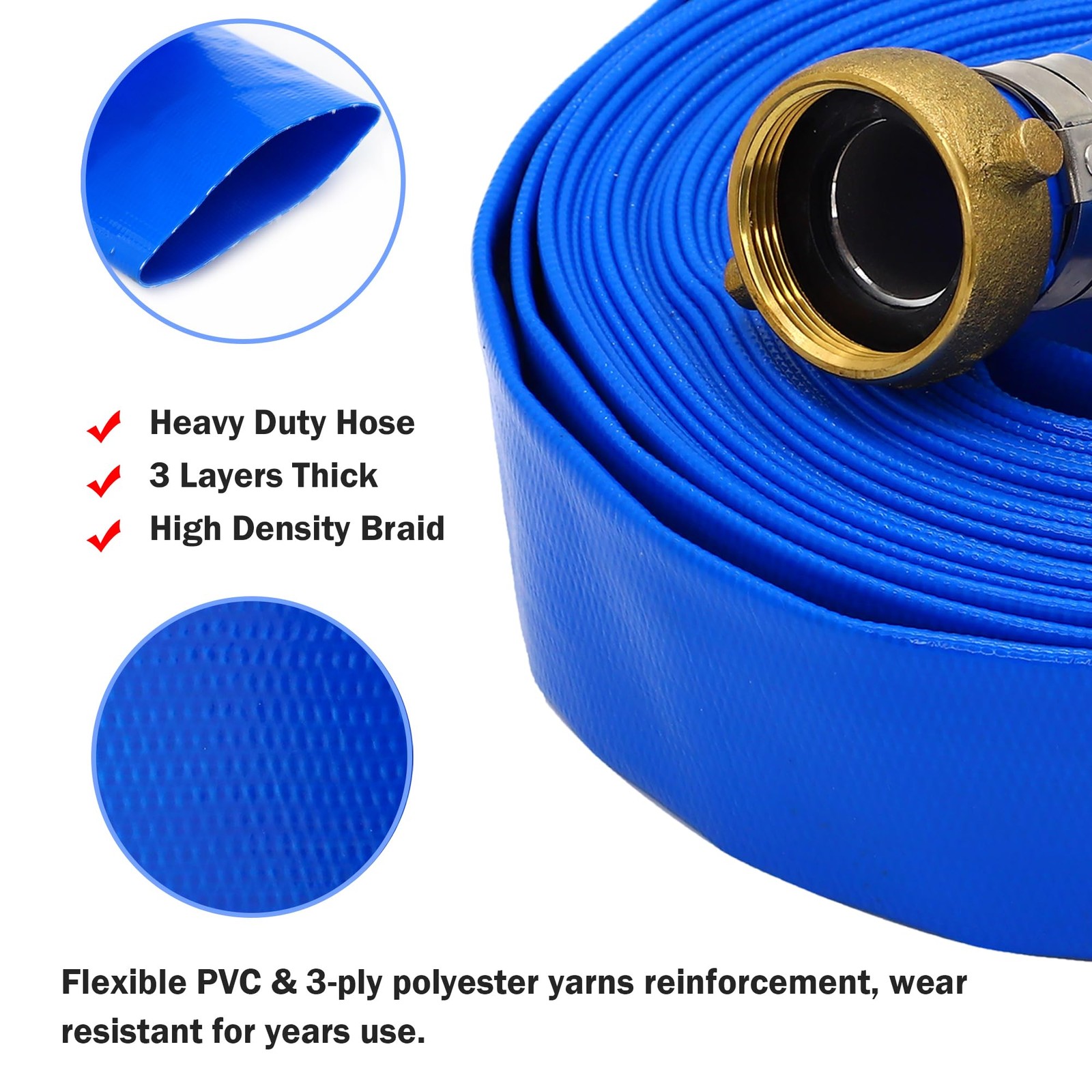 D-WEIXIN 1.5&Prime; x 50ft PVC Lay Flat Discharge Hose Blue Reinforced Heavy Duty