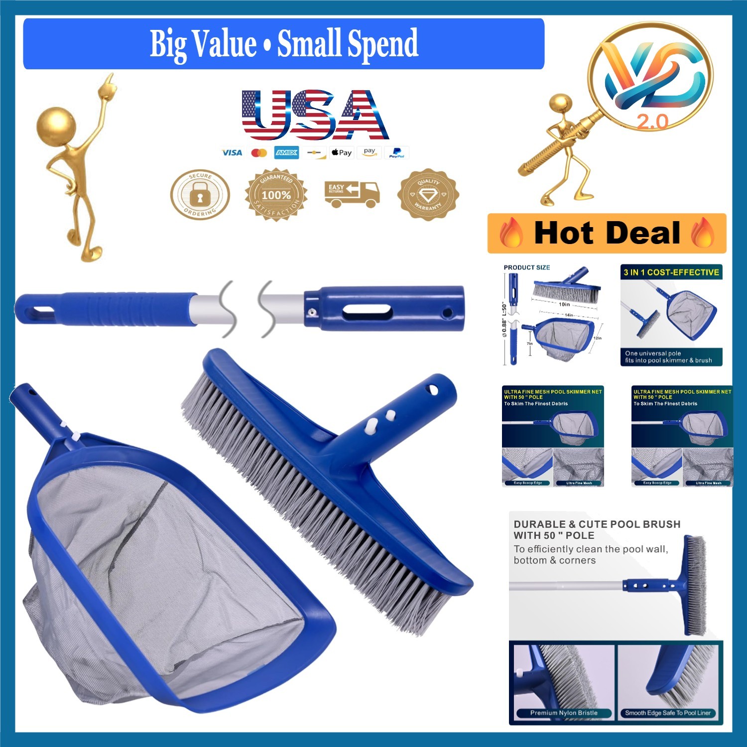3 in 1 Pool Cleaning Kit with 50 Inch Aluminum Pole, Skimmer Net, Pool Brush,…
