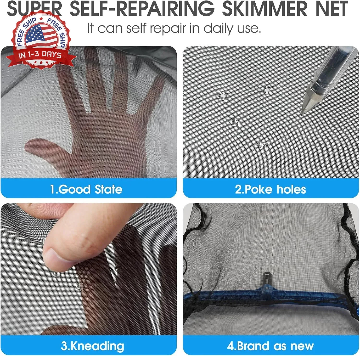 TidyMister Pool Skimmer Net with Self-Repair Fine Nylon Mesh Bag, Pool Leaf Rake