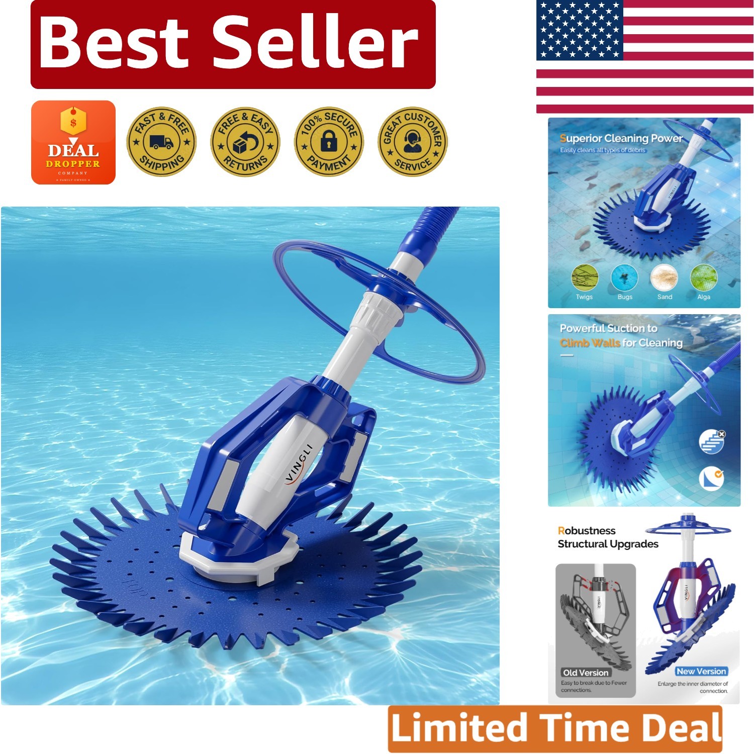 High Efficiency Automatic Pool Vacuum with Free 33FT Hoses – Quiet Operation