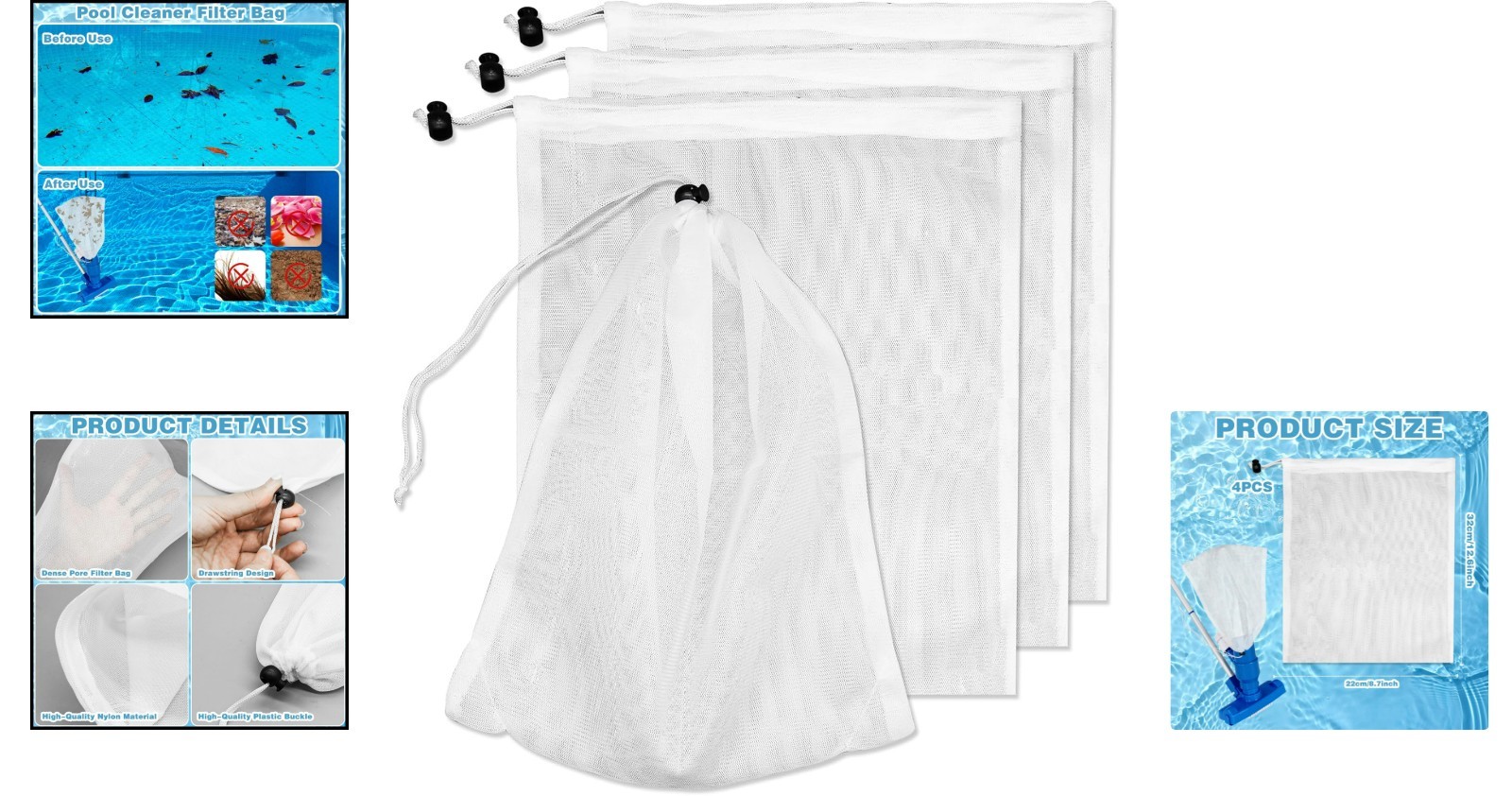 Versatile Leaf Vacuum Net Bags for Pools & Ponds – 8.7×12.6in, Set of 4