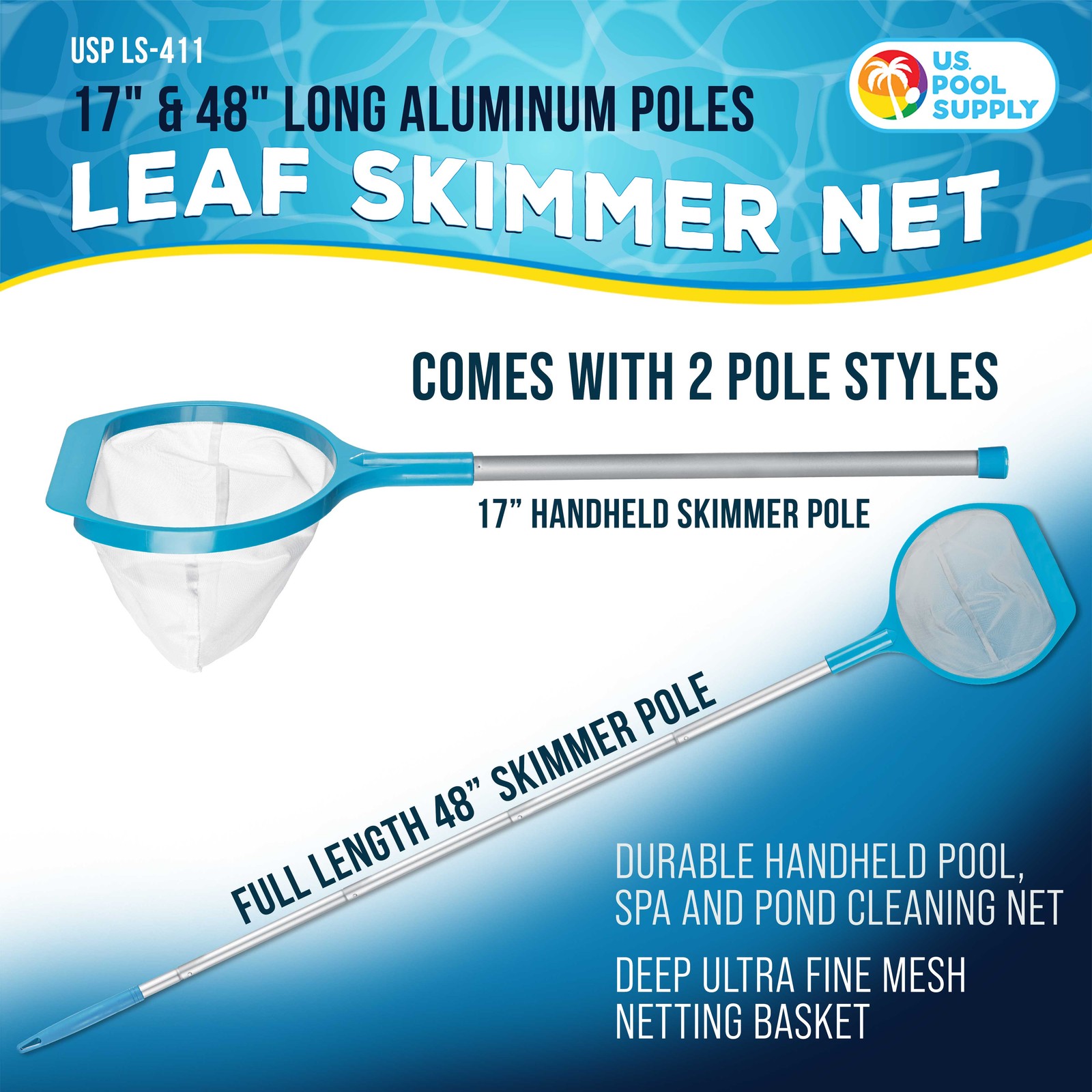 27&Prime; to 58&Prime; Pool Hand Leaf Skimmer Net & Poles – 7&Prime; Deep Ultra Fine Mesh Netting