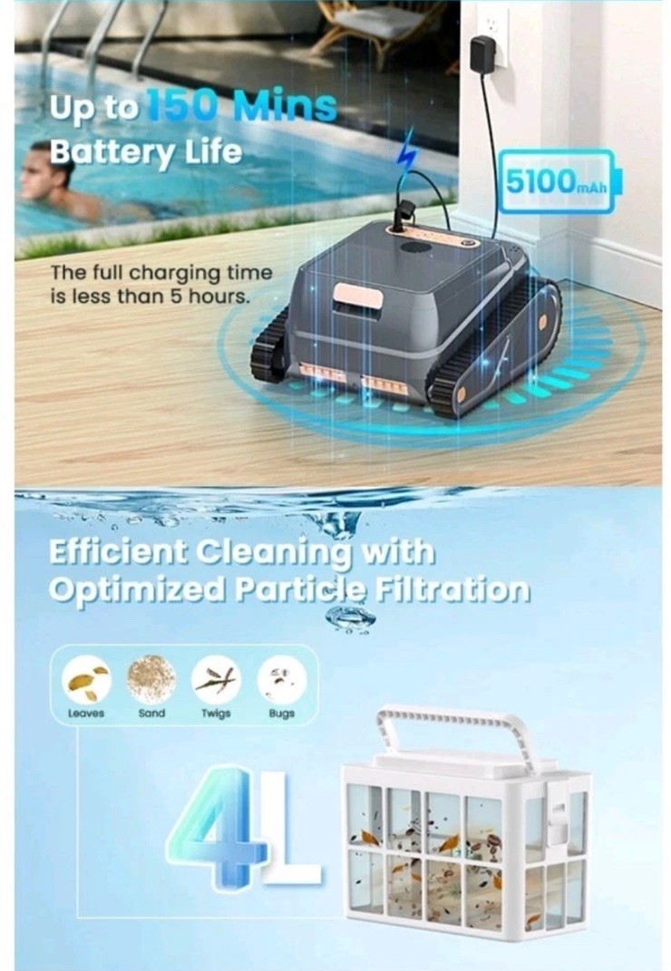EZIOOV U8 Cordless Robotic Pool Cleaner Vacuum In and Above Ground -DARK GREY
