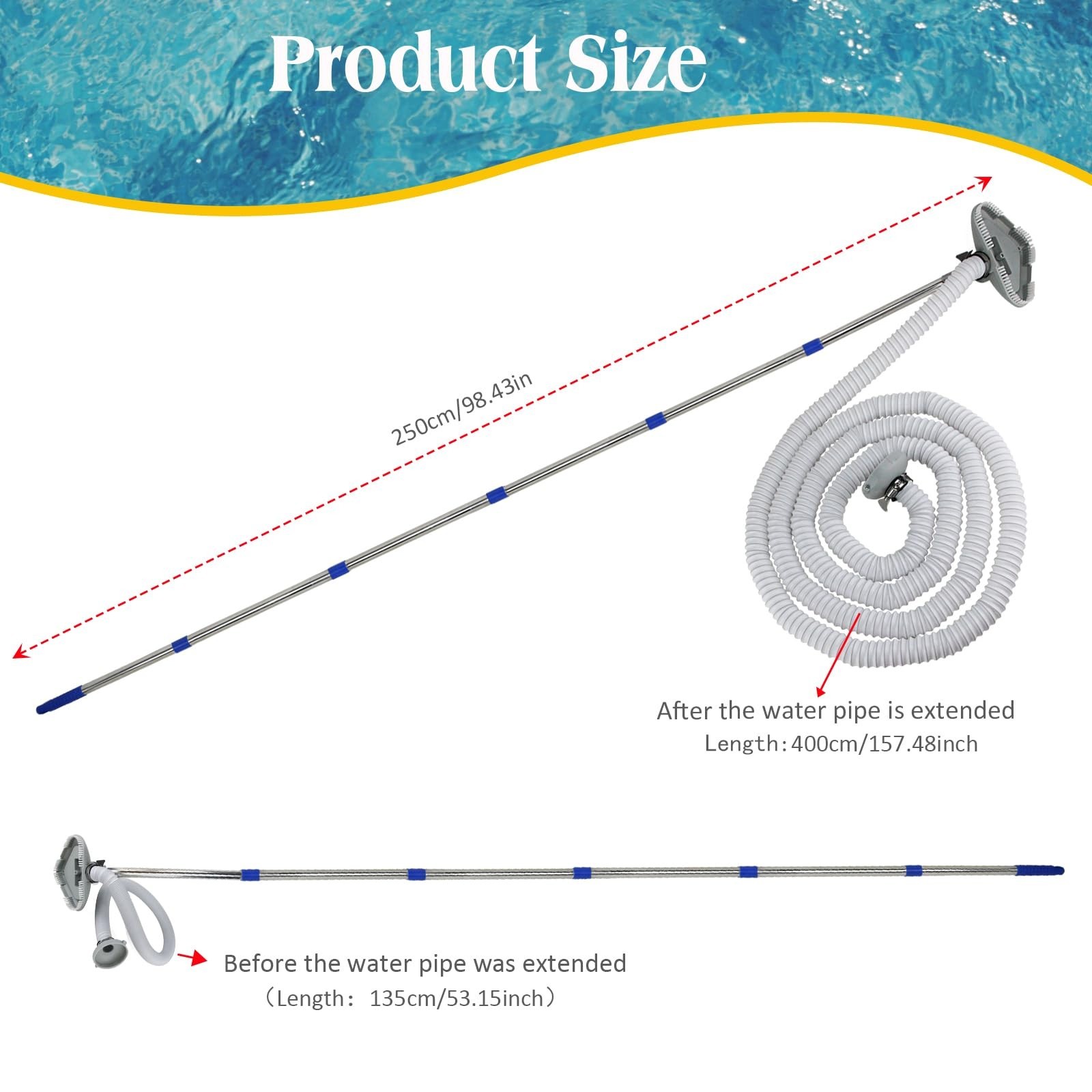 Pool Vacuum Cleaner for Above & In-Ground Pools, 13FT Extendable Hose & Rods