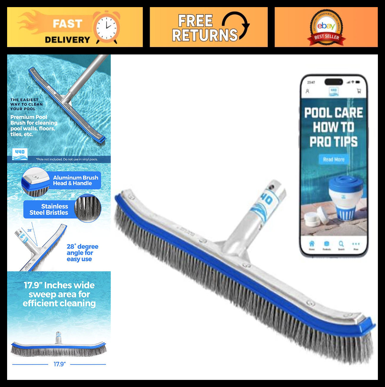 Heavy Duty 18&Prime; Pool Brush – Extra-Wide Metal Head, Stainless Steel Bristles for