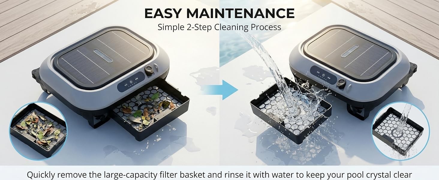 Cordless Solar Powered Robot Pool Skimmer, 150 Minute Runtime, 180-Micron Filter