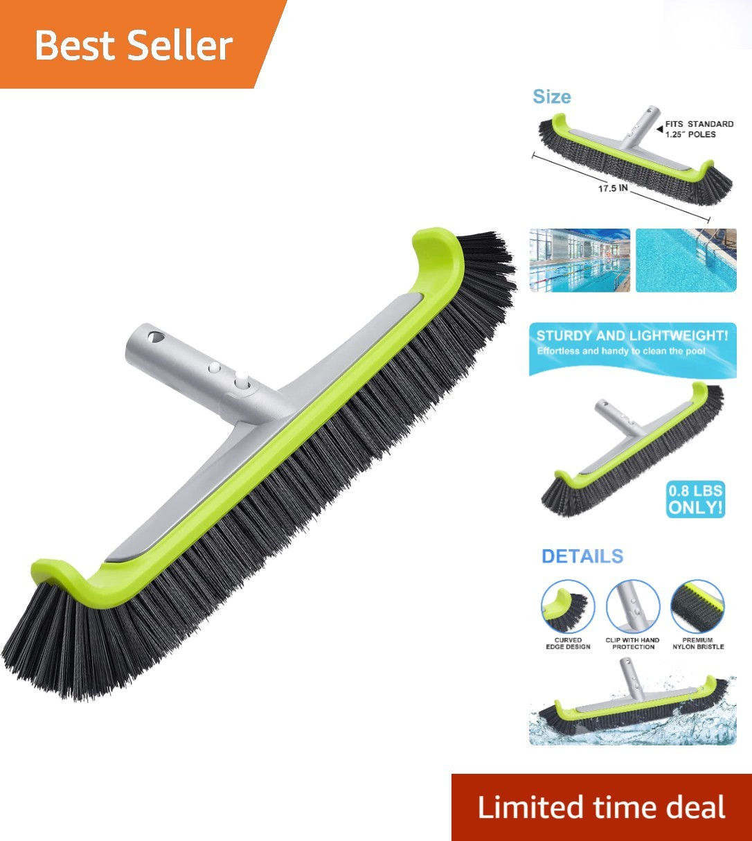 Curved Edge Pool Scrub Brush – Extra Wide 17.5&Prime; for Efficient Cleaning