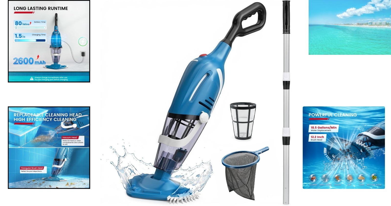 PC40 Cordless Pool Vacuum – 80 Mins Runtime, 18.5 GPM Suction & Telescopic Pole