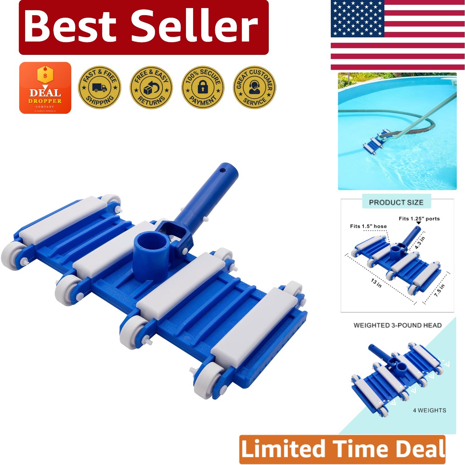 Eco-Friendly Pool Vacuum Head – 14&Prime; Manual Clean with Rolling Wheels Included
