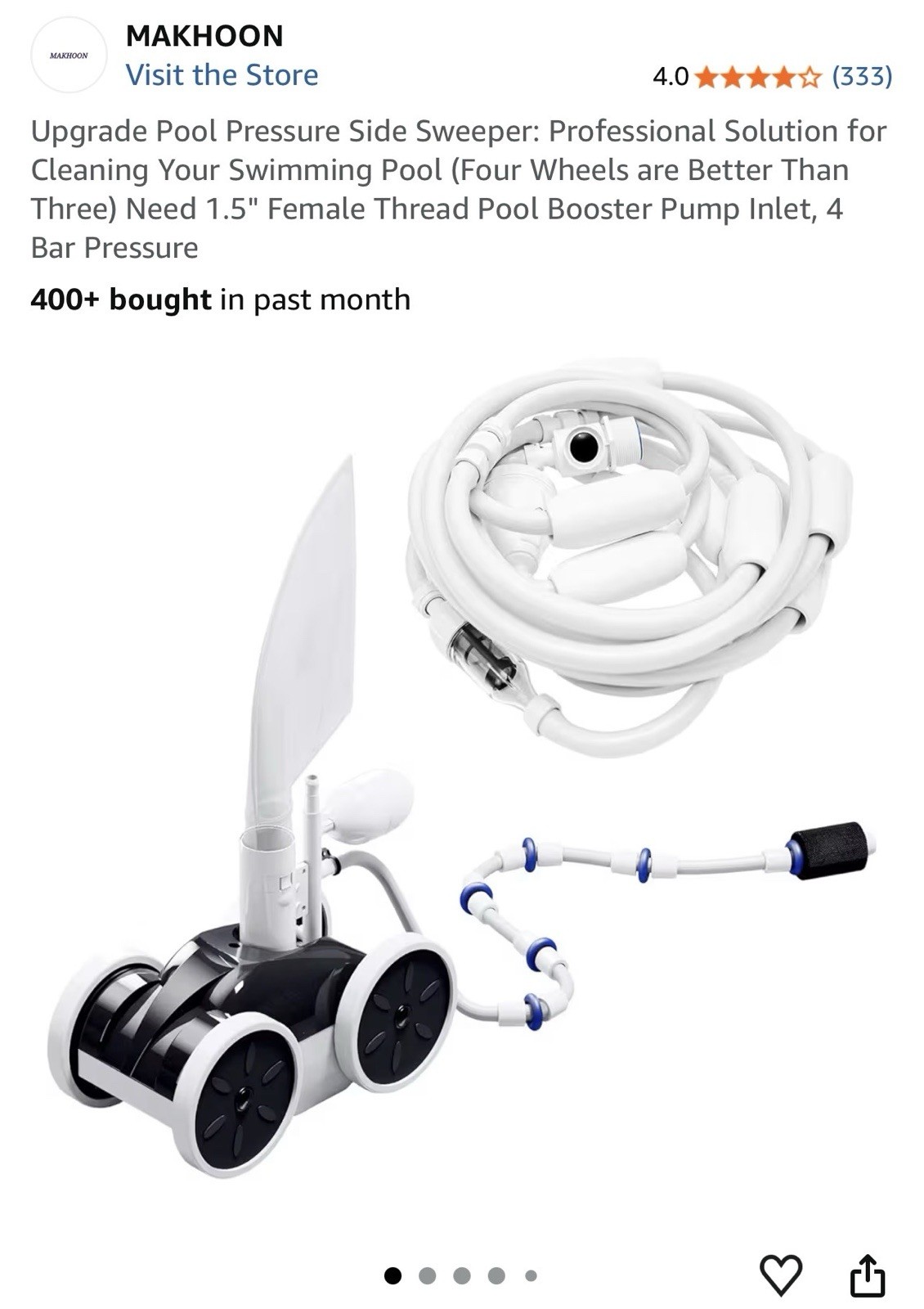 MAKHOON 4-Wheel Pressure Side Pool Cleaner w/ 1.5 in Hose, White/Black