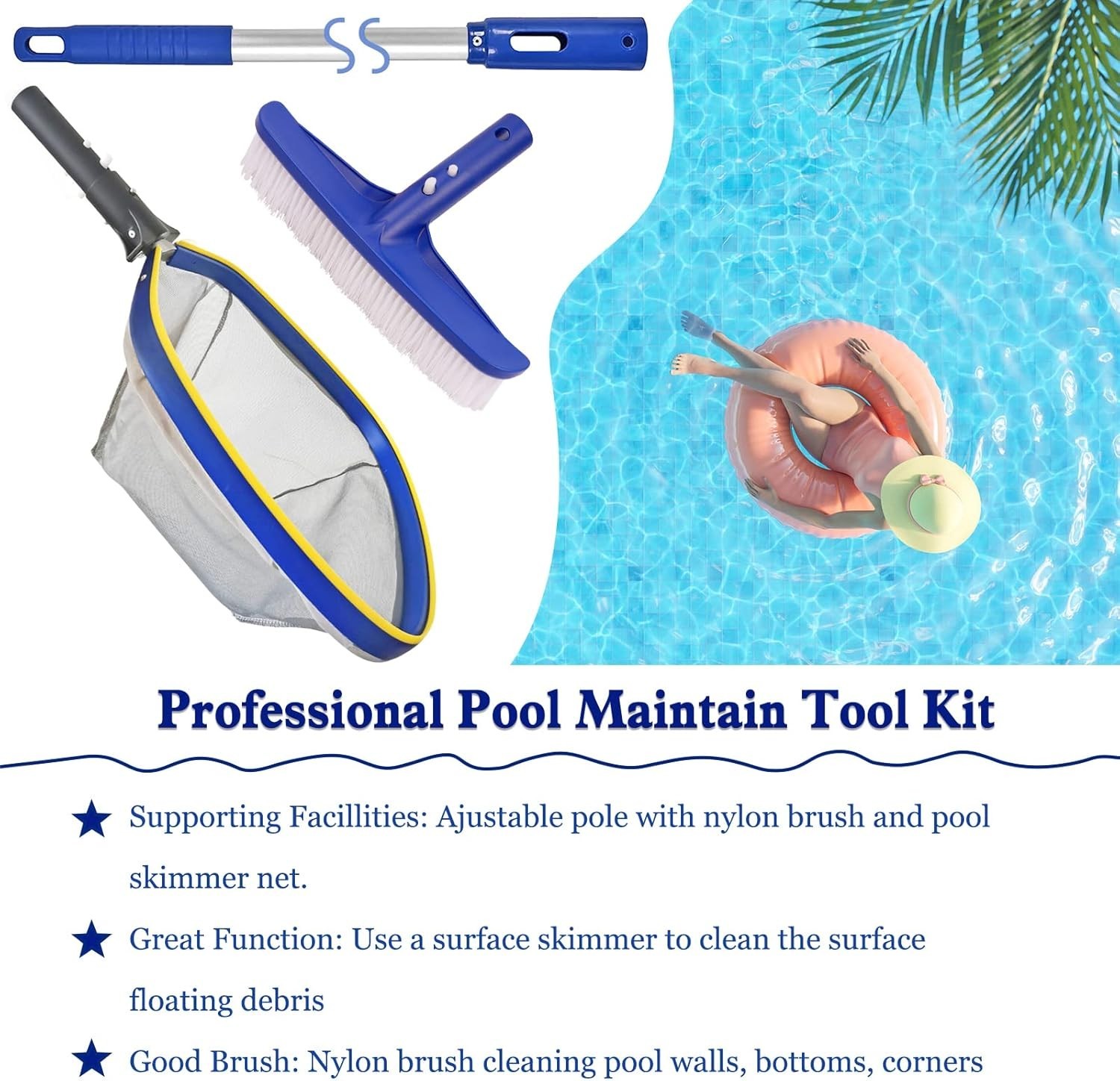Elegant Pool Cleaning Kit: 14 » Brush & 50 » Telescopic Pole – Sparkling Waters