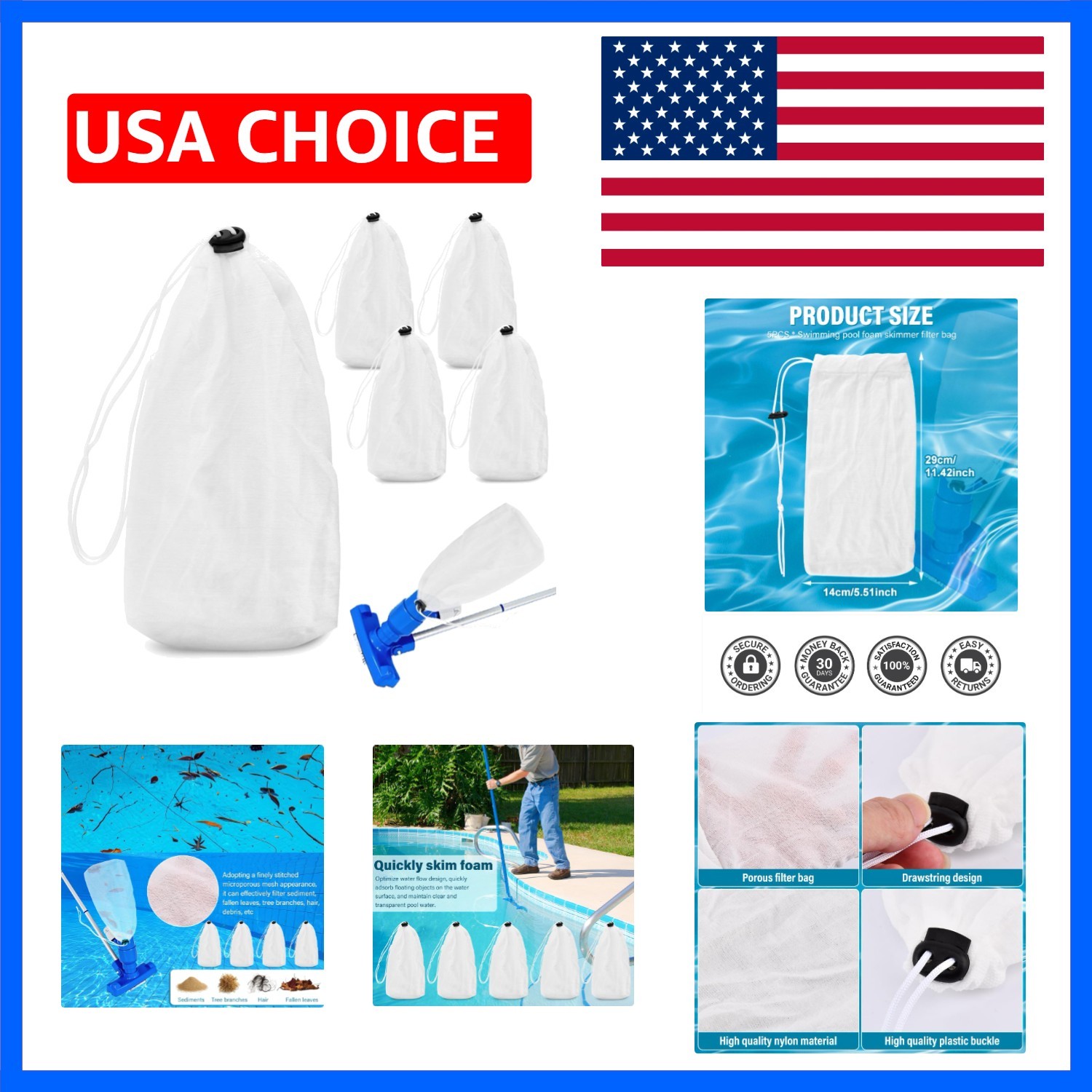 5Pcs Pool Leaf Vacuum Net Bag Fine Mesh with Locking Cord,11.4&Prime; x 5.5&Prime; Fine M…