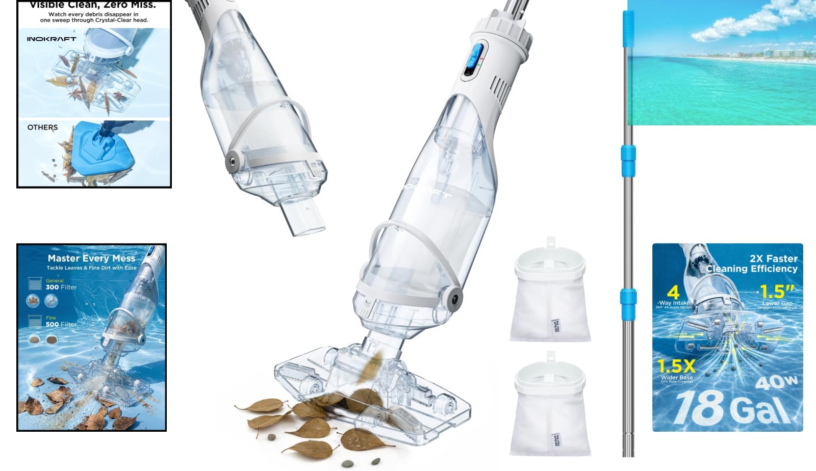 Cordless, Rechargeable Pool Vacuum Cleaner – 18.5 GPM Suction, Extended