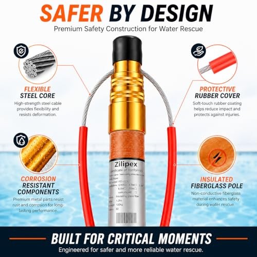 15FT Telescopic Pool Rescue Pole with Safety Hook, Fiberglass Water Safety