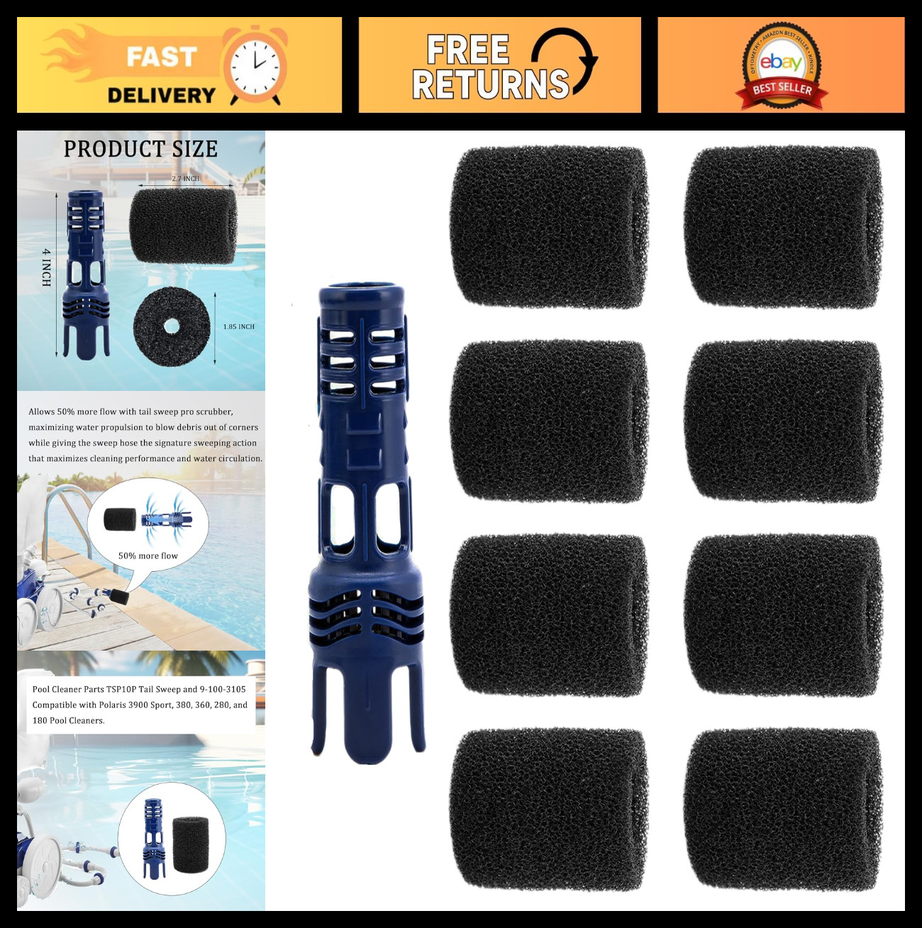 Tail Sweep Pro with Foam Scrubber for Polaris 280, 3900, 380, 360, 180 Pool Clea