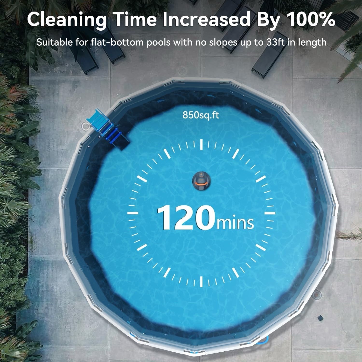 Robotic Pool Cleaner, Cordless Pool Vacuum Robot with 120Mins Runtime,