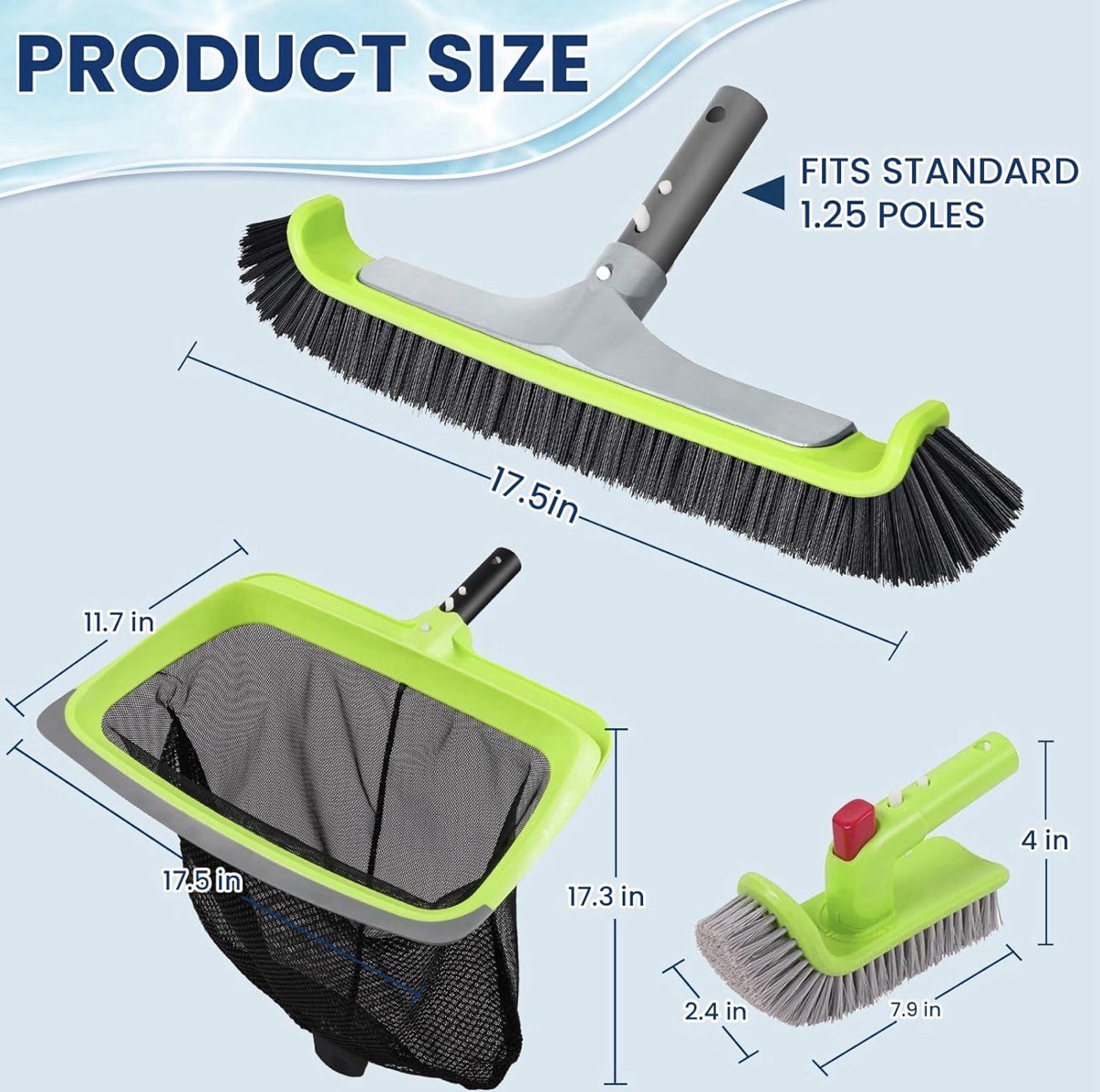 Sepetrel Deluxe Pool Cleaning Kit 17.5&Prime; Wall Brush Skimmer Rake Hand Brush New