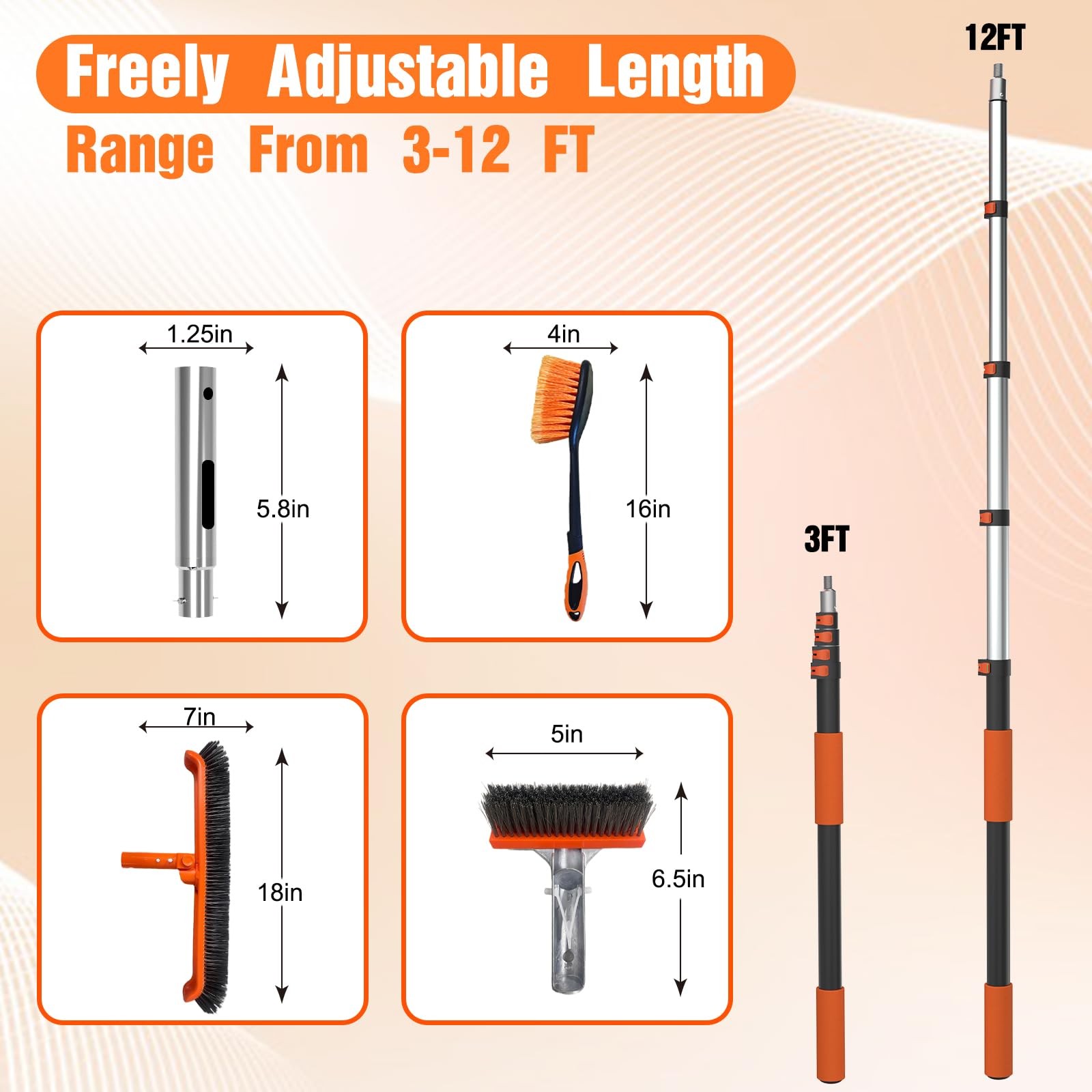 4-in-1 Heavy Duty Pool Brush with 12FT Pole for Inground & Above Ground Pools
