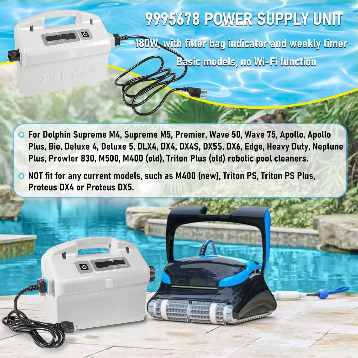 9995678 Power Supply with Cord for Dolphin Nautilus CC Plus, Premier, Apollo Bio