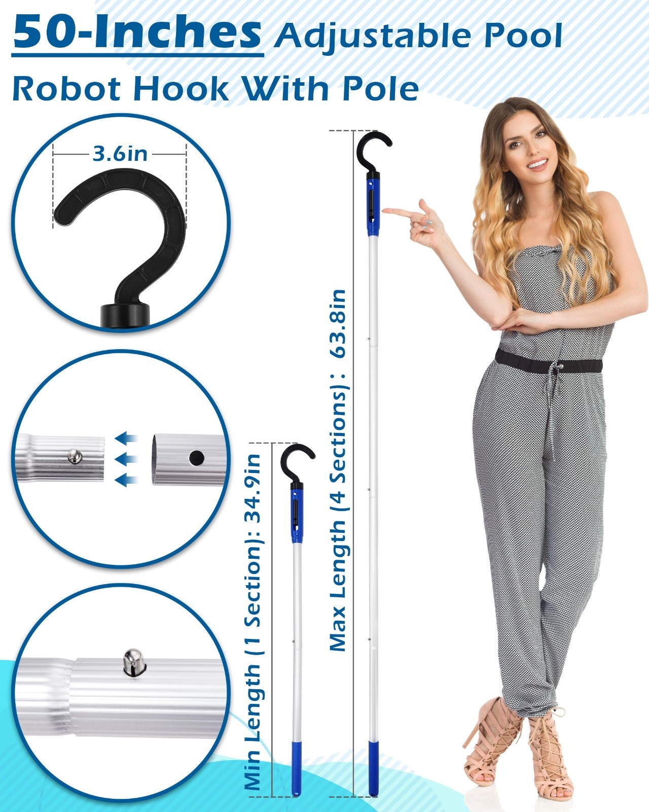Adjustable 63.8&Prime; Stainless Steel Pool Robot Retrieval Hook – Heavy-Duty Detachab
