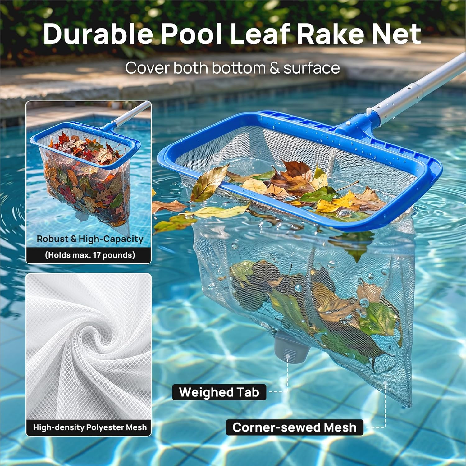 Consciot 3-In-1 Pool Cleaning Kit Includes Leaf Rake Net, Wall Brush & Pole | Da